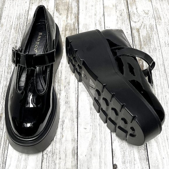 New Black Patent T-Strap Platform Mary Jane Wedge Ballet Flats - Picture 4 of 5
